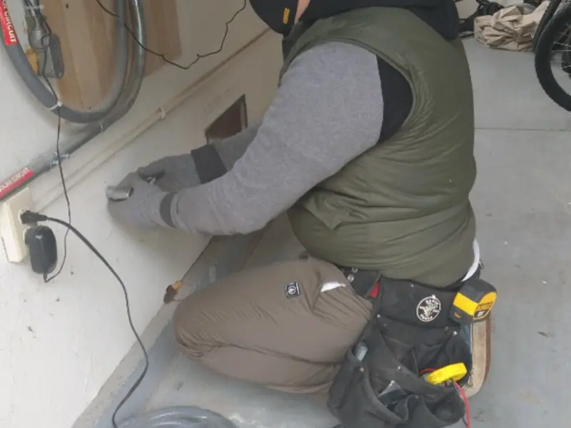 Electrician performing outlet wiring in a London Britain garage